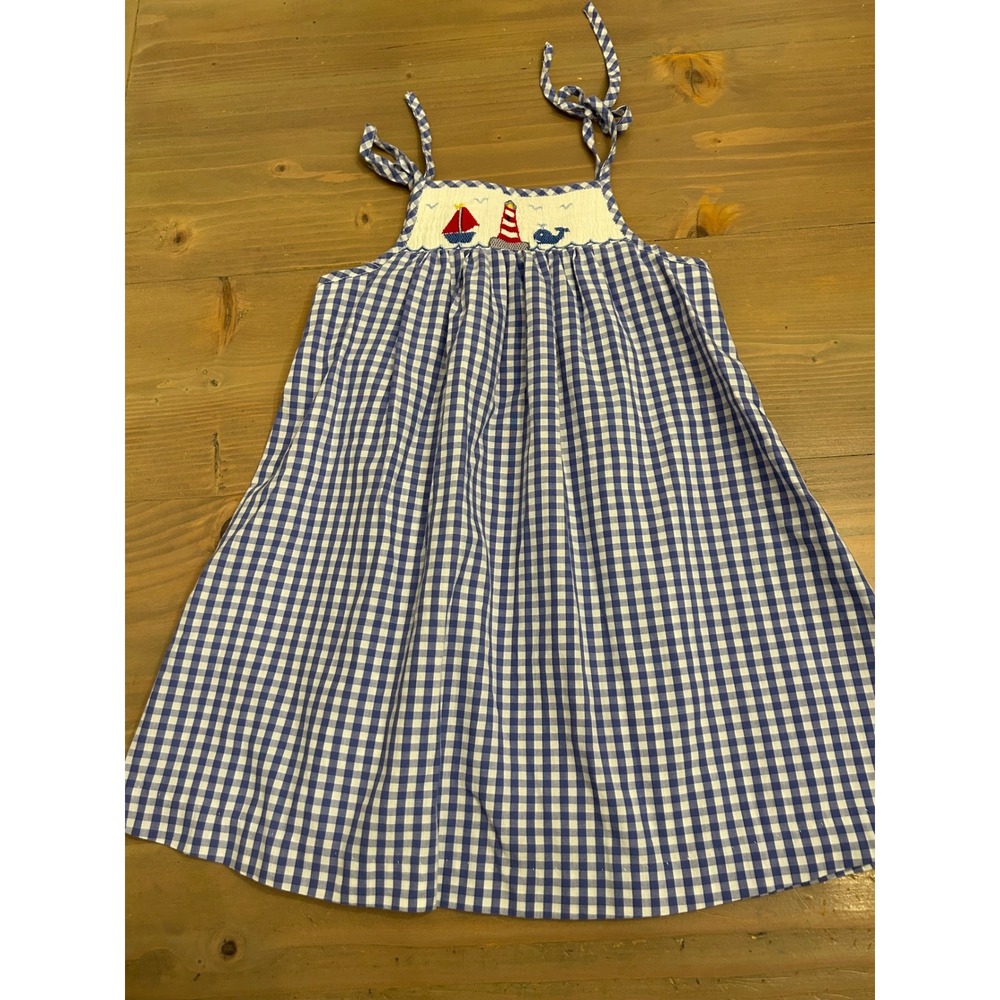 K19 Beth Terrell by Johnston Nautical Smocked Gingham Dress Blue 24M Sailboat‎